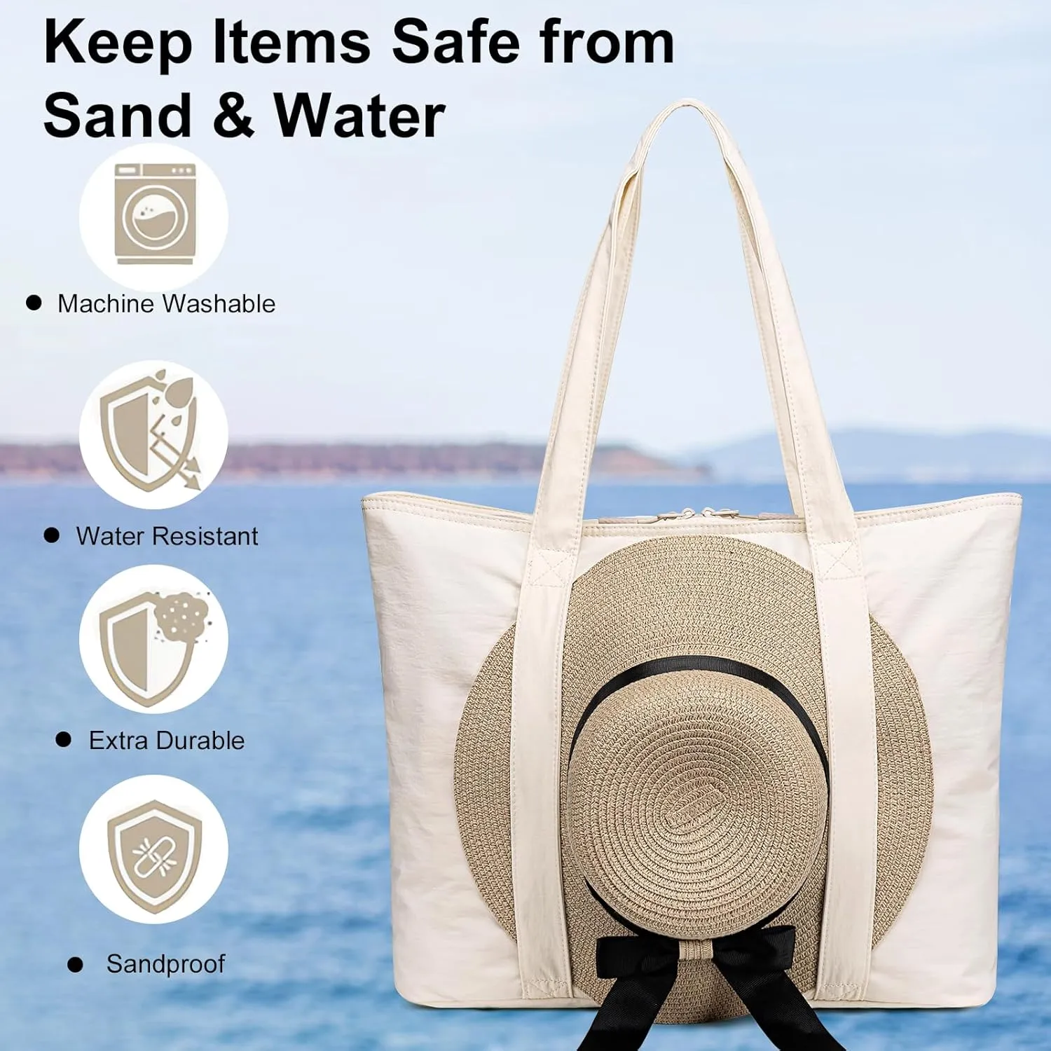 LEDAOU Beach Bags for Women, Beach Bags Waterproof Sandproof, Packable Beach Tote Bag with Zipper Travel Sports