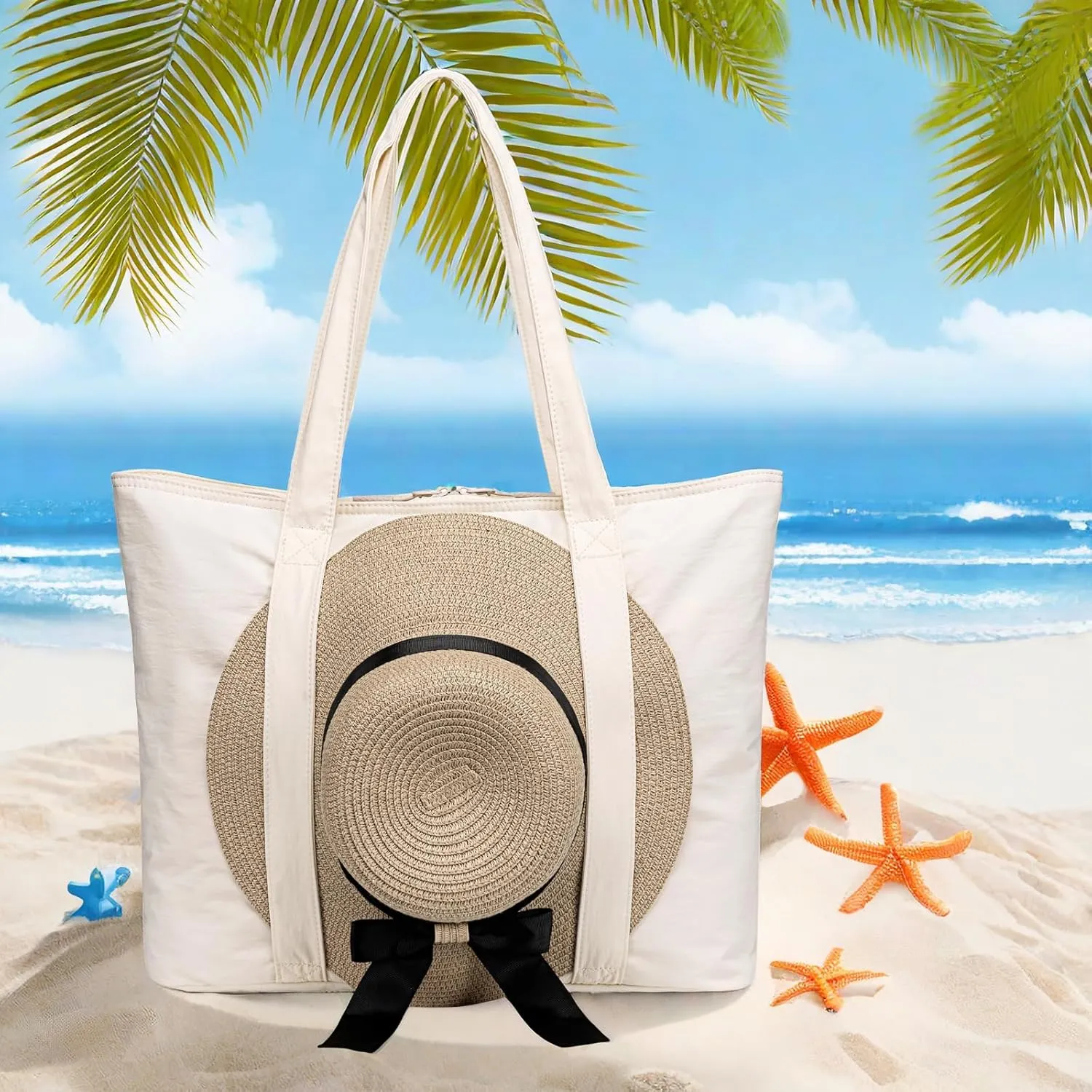 LEDAOU Beach Bags for Women, Beach Bags Waterproof Sandproof, Packable Beach Tote Bag with Zipper Travel Sports