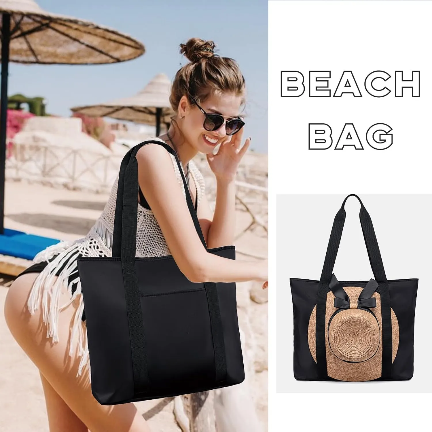 LEDAOU Large Beach Tote Bag Women Waterproof Beach Bag Sandproof Pool Bag with Zipper Travel Gym Tote Bag