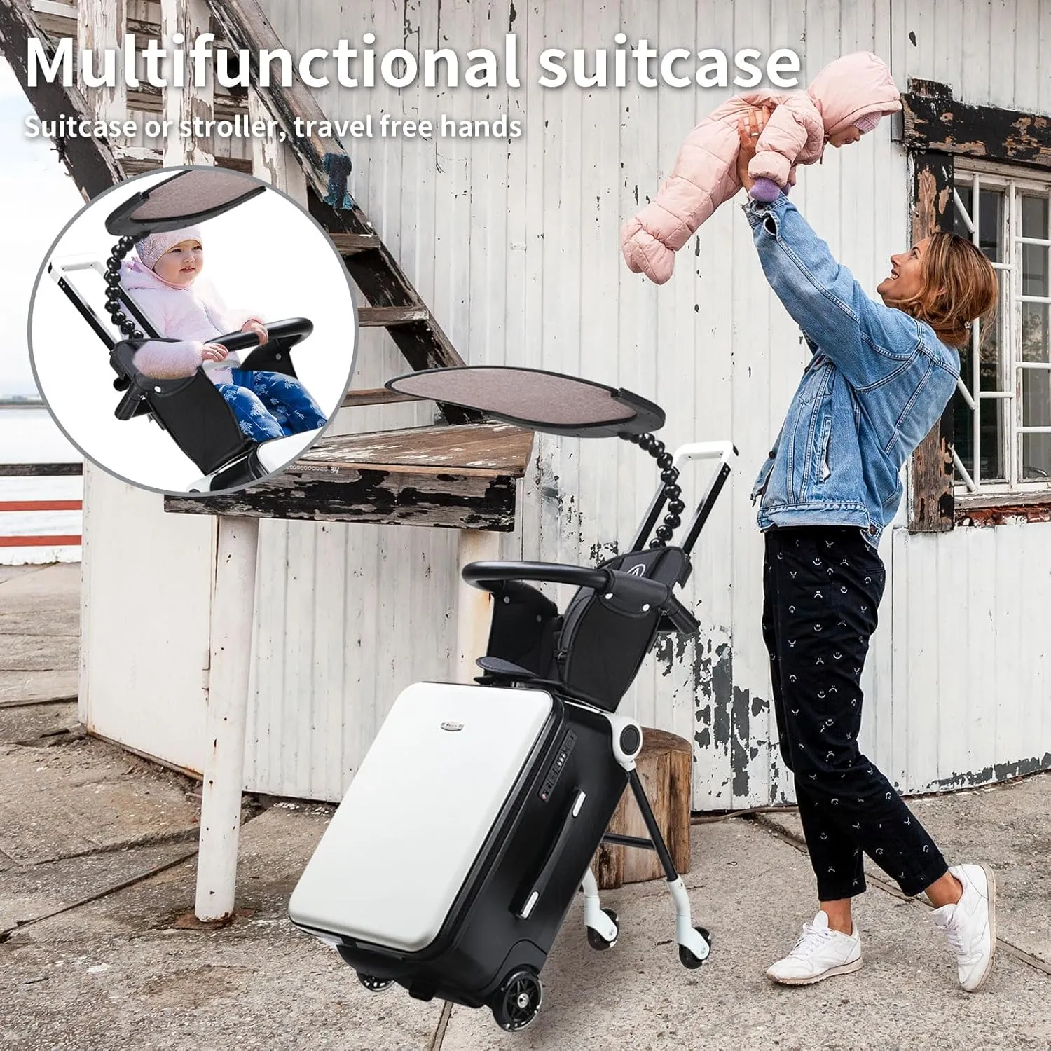 LemoHome Expandable Luggage with Spinner Wheels,Large Suitcases with Child Seat Design,Hard Luggage for Women and Men,20 inch Hardside Carry on Luggage for Travel (black and white visor)