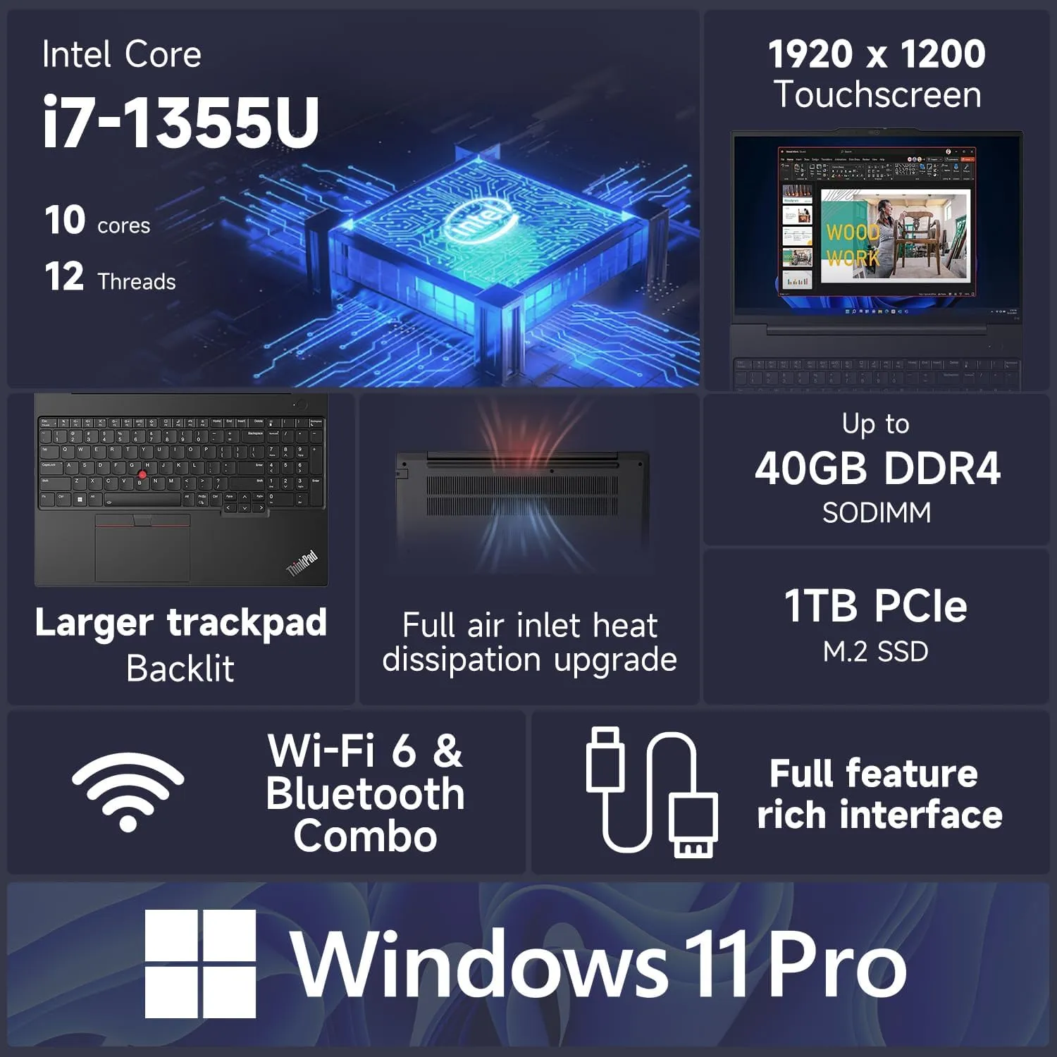 Lenovo ThinkPad E16 Business Laptop, 16" FHD  Touchscreen, Intel Core i7-1355U, 16GB RAM, 1TB SSD, Fingerprint, Backlit, HDMI, Wi-Fi 6, Windows 11 Pro, Bundle with Targus USB-C 100W Docking Station