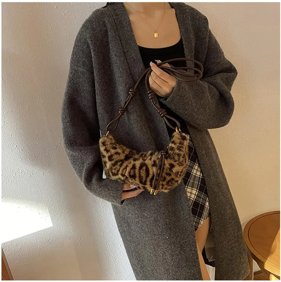 Leopard Fluffy Sling Dumpling Bag Cheetah Print Fuzzy Furry Shoulder Crossbody Crescent Bag Leopard Plush Horn Bag
