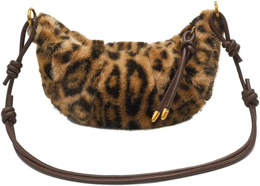 Leopard Fluffy Sling Dumpling Bag Cheetah Print Fuzzy Furry Shoulder Crossbody Crescent Bag Leopard Plush Horn Bag