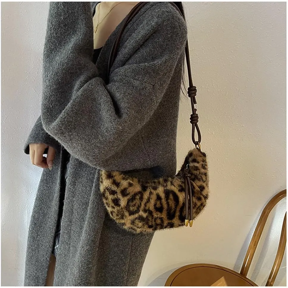 Leopard Fluffy Sling Dumpling Bag Cheetah Print Fuzzy Furry Shoulder Crossbody Crescent Bag Leopard Plush Horn Bag