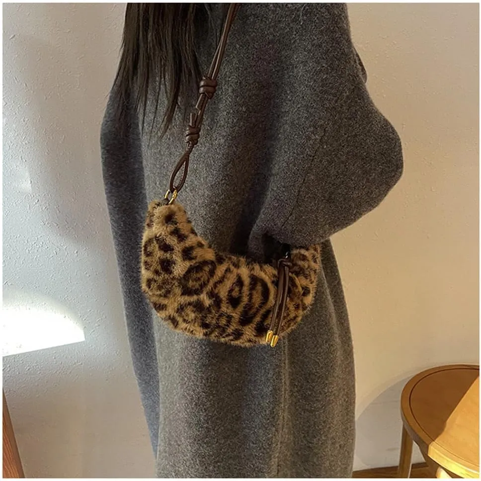 Leopard Fluffy Sling Dumpling Bag Cheetah Print Fuzzy Furry Shoulder Crossbody Crescent Bag Leopard Plush Horn Bag