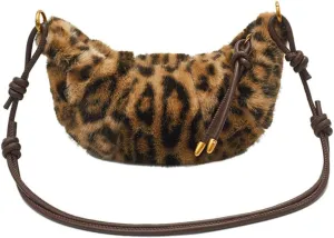 Leopard Fluffy Sling Dumpling Bag Cheetah Print Fuzzy Furry Shoulder Crossbody Crescent Bag Leopard Plush Horn Bag