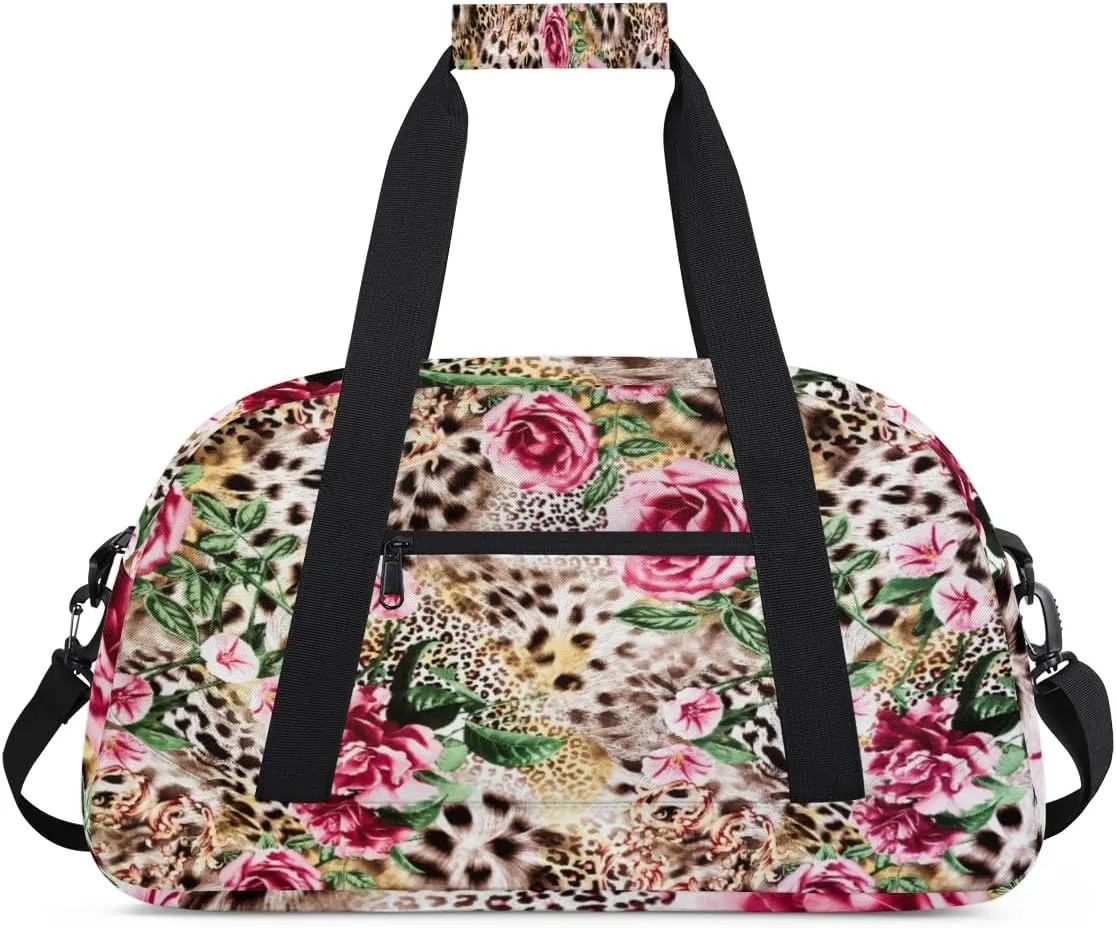 Leopard Print Gym Duffel Bag for Men Women Red Rose Pattern Sports Tote Bag with Adjustable Shoulder Strap for Dance Gymnastics Traveling Outdoor Camping Overnight Stay