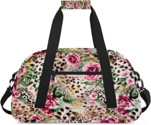 Leopard Print Gym Duffel Bag for Men Women Red Rose Pattern Sports Tote Bag with Adjustable Shoulder Strap for Dance Gymnastics Traveling Outdoor Camping Overnight Stay