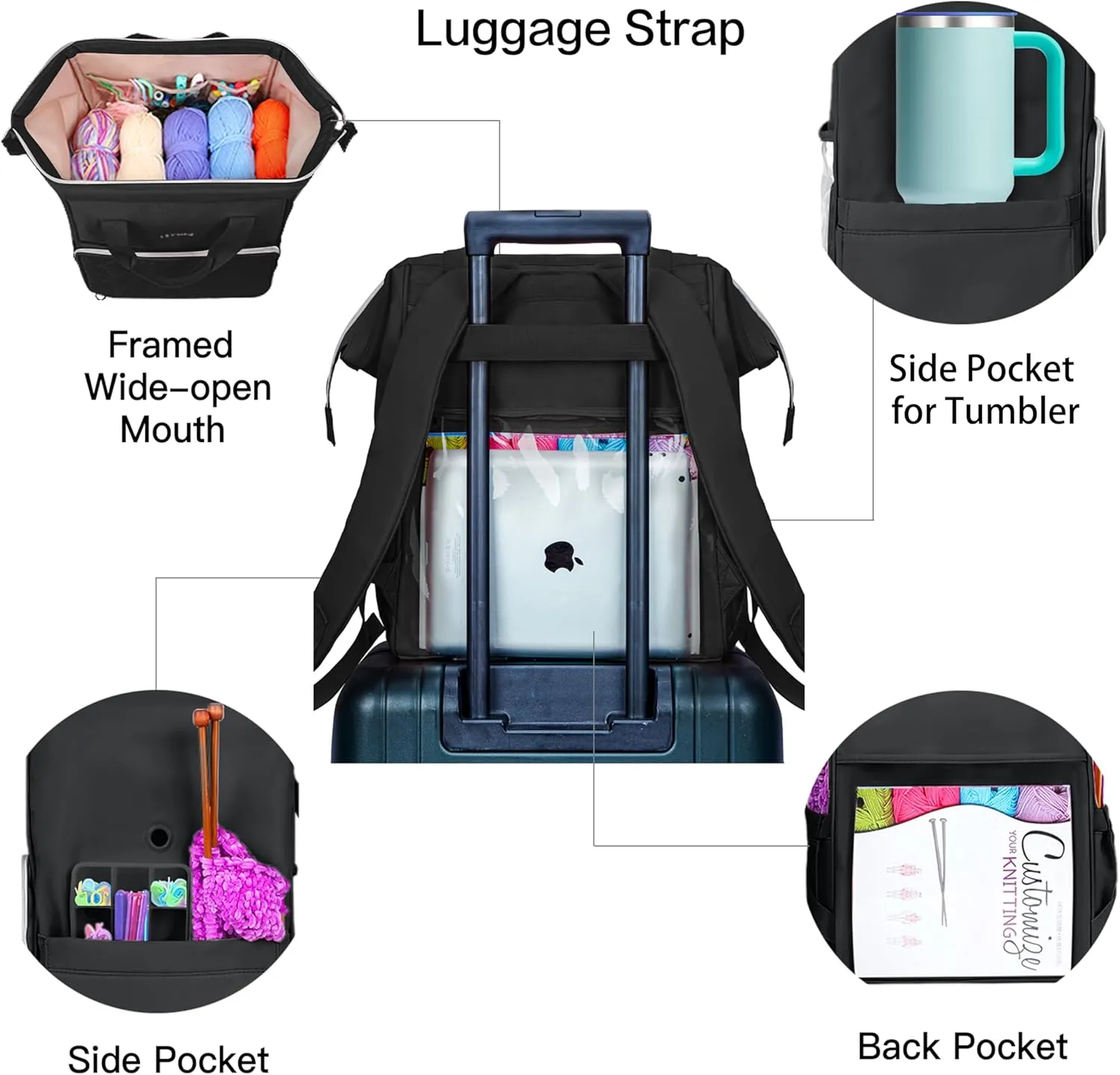 Leudes Knitting Bag Backpack, Yarn Storage Organizer Large Crochet Bag Tote Christmas Gift Yarn Holder Case for Carrying Projects, Knitting Needles (Black)