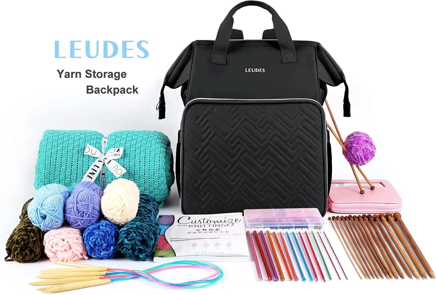 Leudes Knitting Bag Backpack, Yarn Storage Organizer Large Crochet Bag Tote Christmas Gift Yarn Holder Case for Carrying Projects, Knitting Needles (Black)