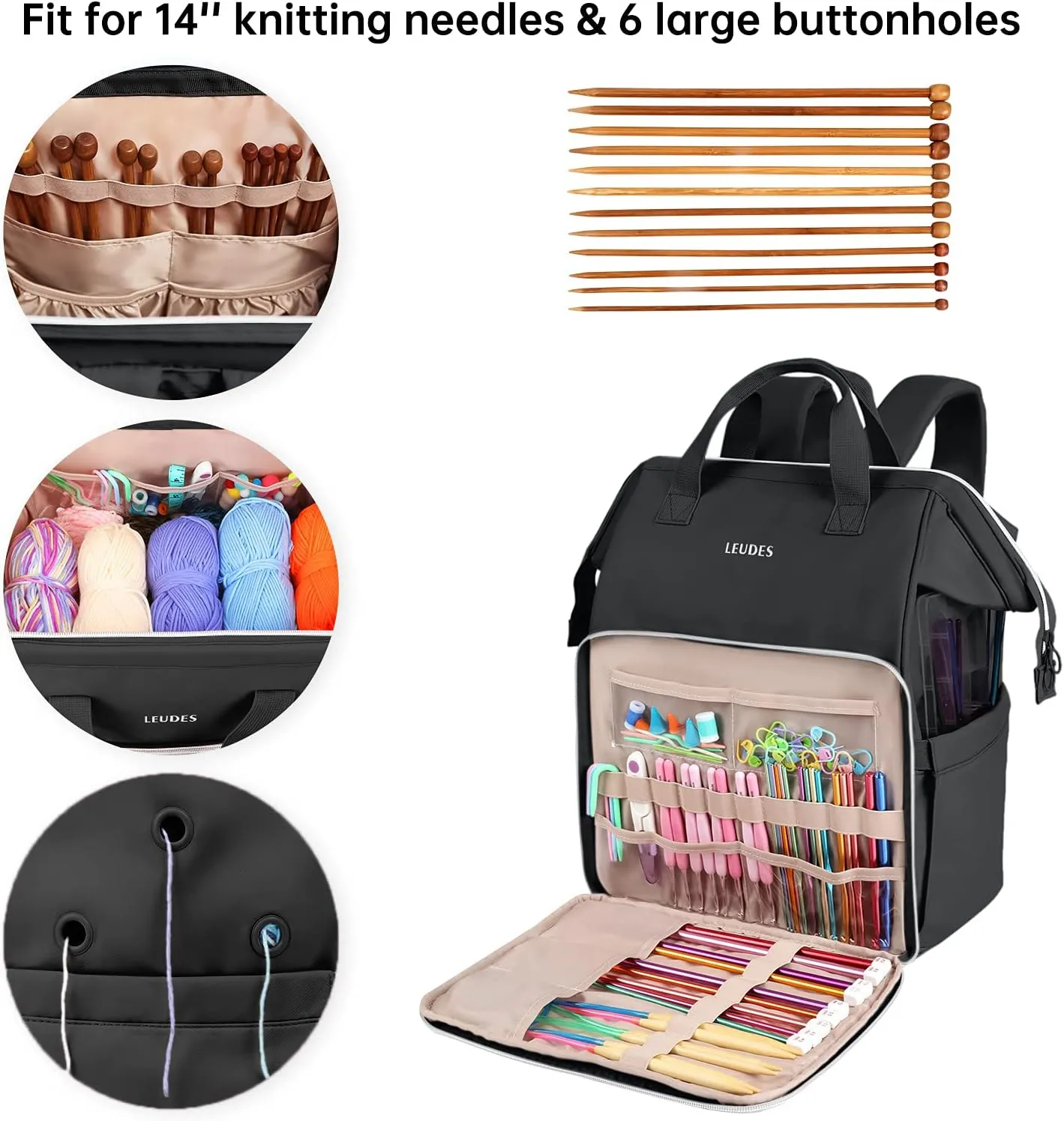 Leudes Knitting Bag Backpack, Yarn Storage Organizer Large Crochet Bag Tote Christmas Gift Yarn Holder Case for Carrying Projects, Knitting Needles (Black)