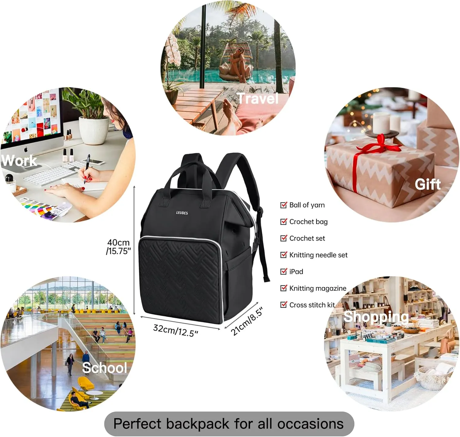 Leudes Knitting Bag Backpack, Yarn Storage Organizer Large Crochet Bag Tote Christmas Gift Yarn Holder Case for Carrying Projects, Knitting Needles (Black)
