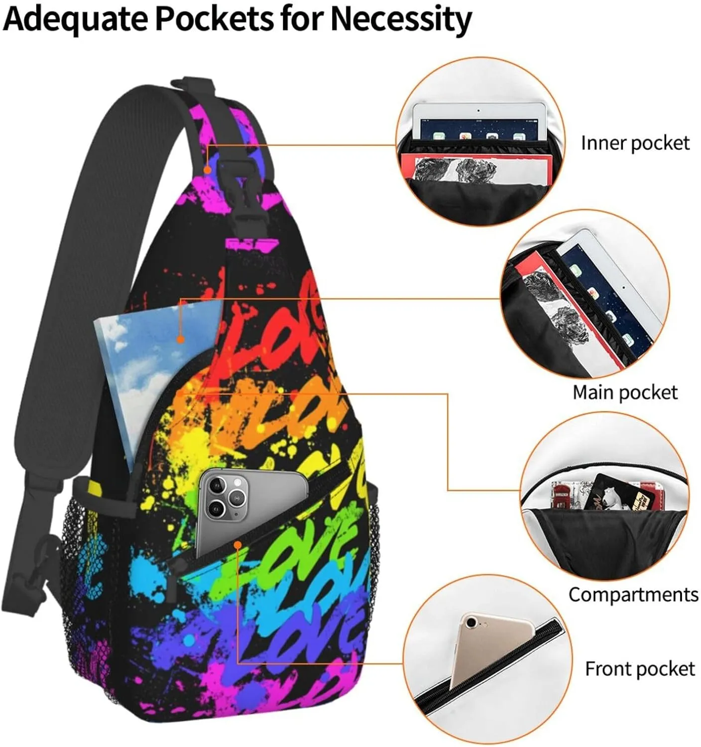 Lgbt Pride Rainbow Gay Love Love Love Chest Sling Bag Crossbody Shoulder Backpack Bag Gym Cycling Daypack Travel Hiking Cross Bag