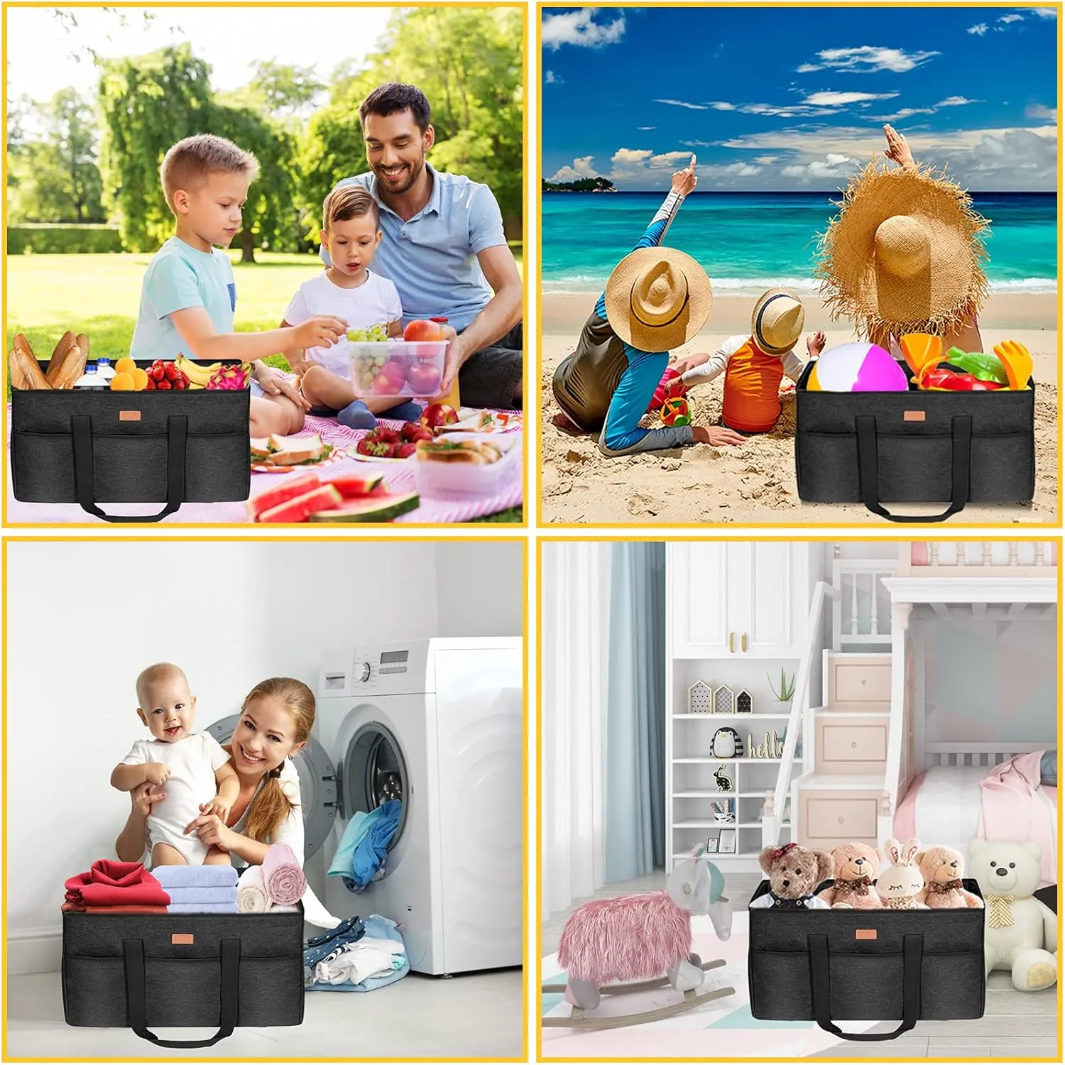 LHZK Stand Up Extra Large Utility Tote Bag with Lid, Utility Tote Bag with Metal Wire Frame and Sides Rinforced