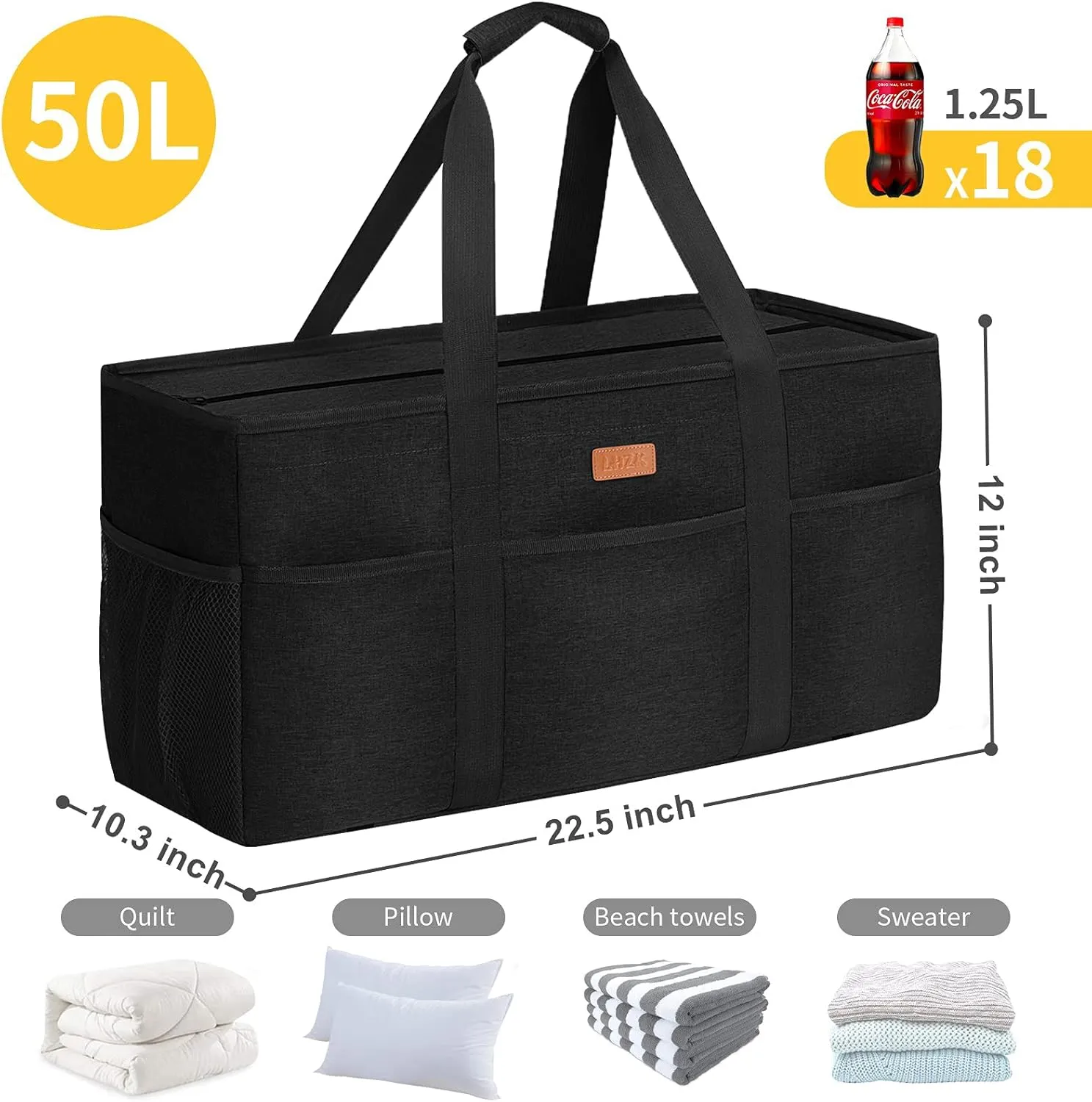 LHZK Stand Up Extra Large Utility Tote Bag with Lid, Utility Tote Bag with Metal Wire Frame and Sides Rinforced