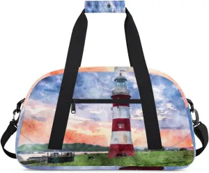 Lighthouse Gym Duffel Bag for Men Women Watercolor Painting Sports Tote Bag with Adjustable Shoulder Strap for Dance Gymnastics Traveling Outdoor Camping Overnight Stay