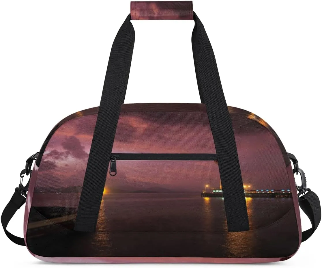 Lighthouse Sunset Gym Duffel Bag for Men Women Lighthouse Sports Tote Bag with Adjustable Shoulder Strap for Dance Gymnastics Traveling Outdoor Camping Overnight Stay