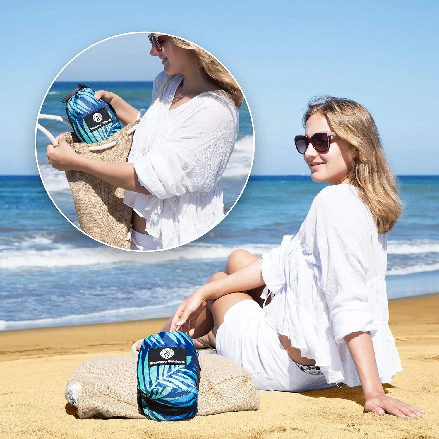 Lightweight Beach Blanket - Oversized 107" x 77" - Waterproof Sandproof - Double Anchored for Fun Leisure Beach Blanket - with Stake and Pouch - Durable Sand Beach Mat