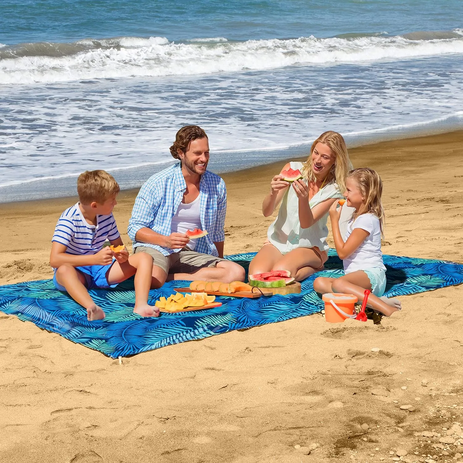 Lightweight Beach Blanket - Oversized 107" x 77" - Waterproof Sandproof - Double Anchored for Fun Leisure Beach Blanket - with Stake and Pouch - Durable Sand Beach Mat