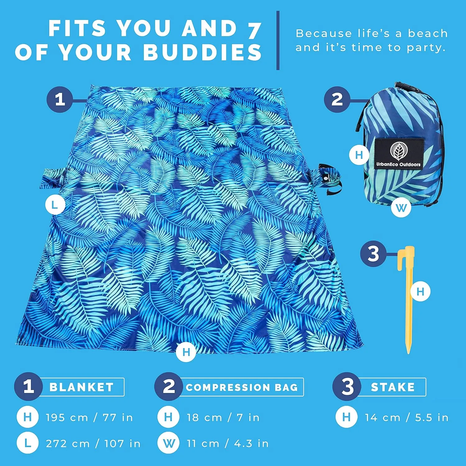 Lightweight Beach Blanket - Oversized 107" x 77" - Waterproof Sandproof - Double Anchored for Fun Leisure Beach Blanket - with Stake and Pouch - Durable Sand Beach Mat