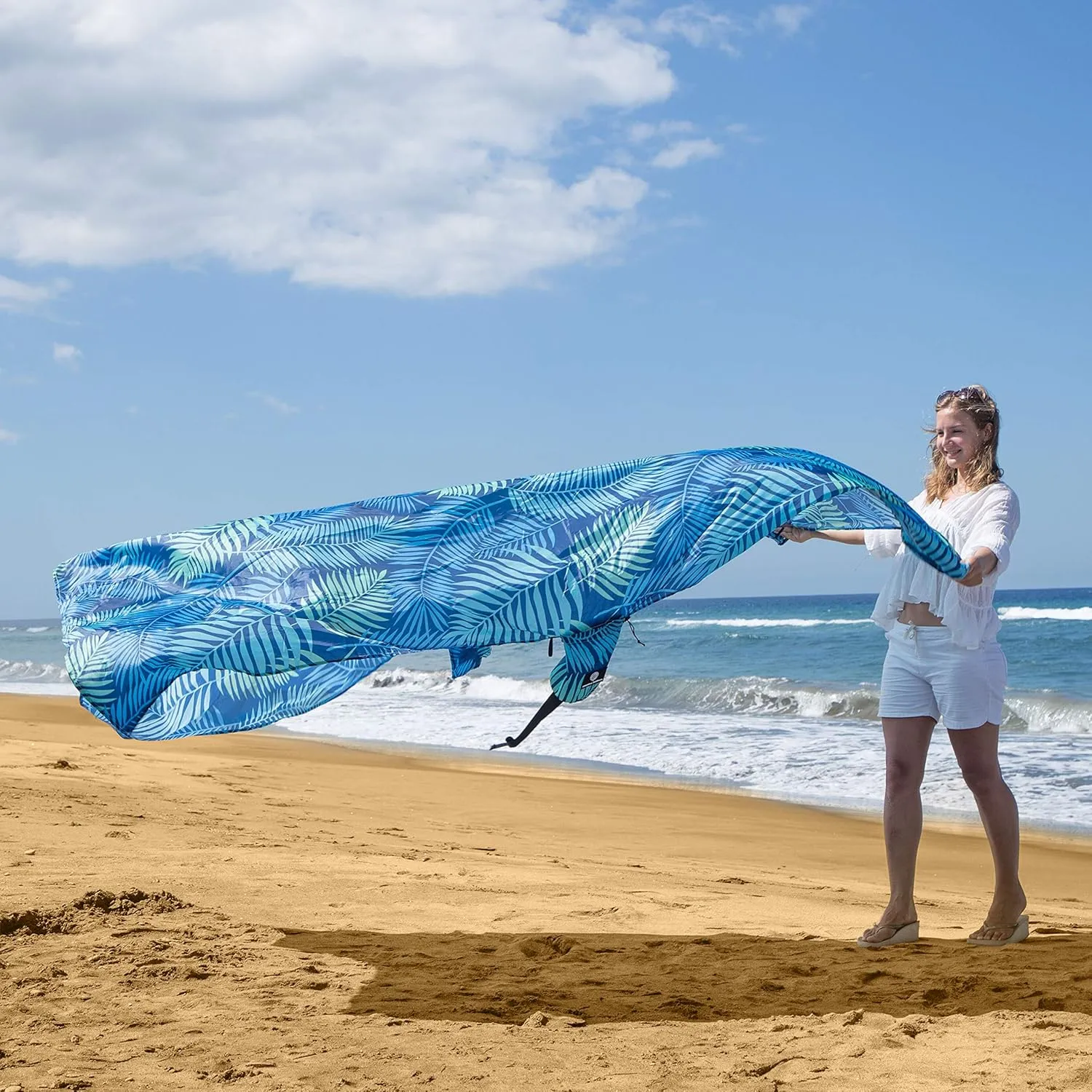 Lightweight Beach Blanket - Oversized 107" x 77" - Waterproof Sandproof - Double Anchored for Fun Leisure Beach Blanket - with Stake and Pouch - Durable Sand Beach Mat