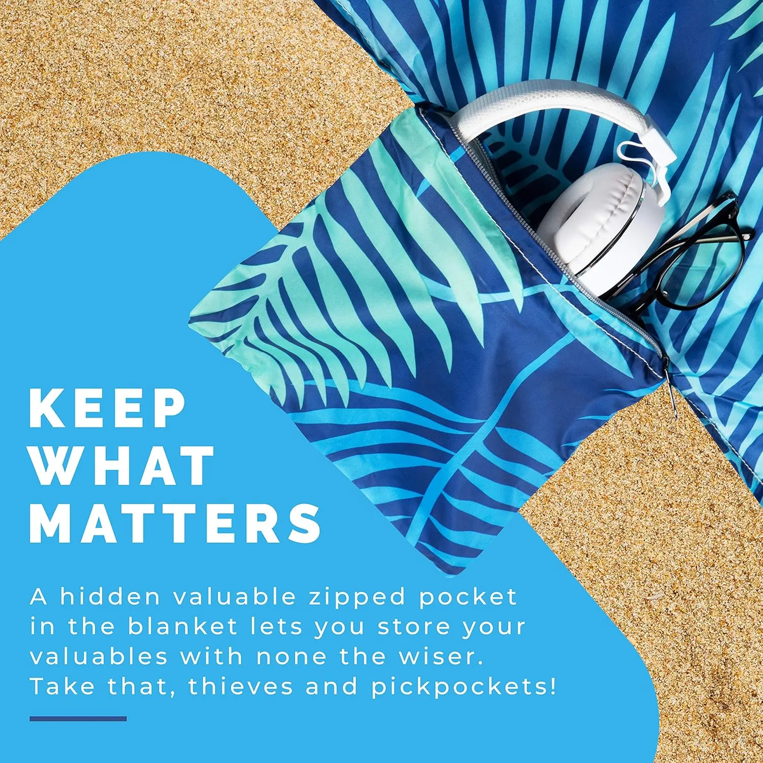 Lightweight Beach Blanket - Oversized 107" x 77" - Waterproof Sandproof - Double Anchored for Fun Leisure Beach Blanket - with Stake and Pouch - Durable Sand Beach Mat
