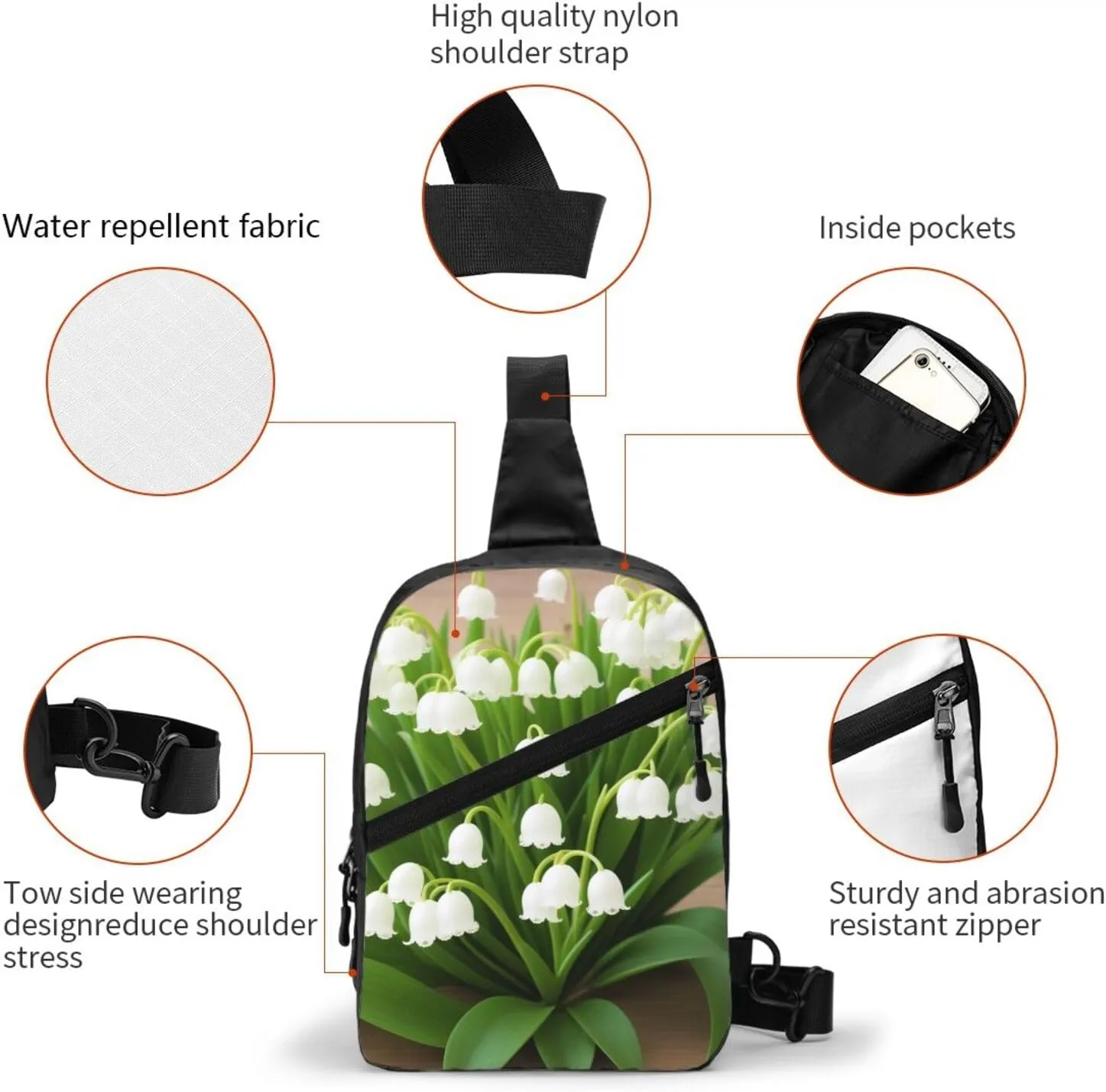 Lilies Of The Valley Sling Bag For Women And Men Fashion Folding Chest Bag Adjustable Crossbody Travel Shoulder Bag
