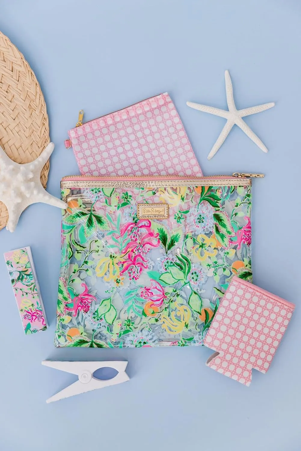 Lilly Pulitzer Water Resistant Vinyl Beach Day Pouch, Zipper Bag Includes Drink Hugger, Small Pouch, and Towel Clips