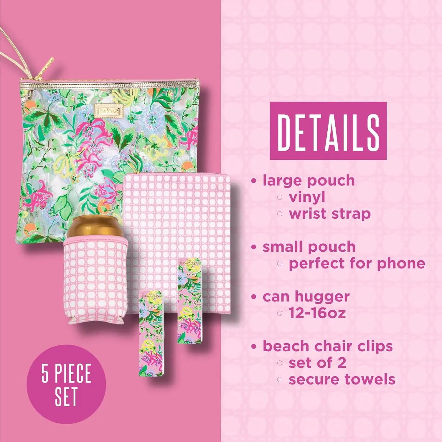 Lilly Pulitzer Water Resistant Vinyl Beach Day Pouch, Zipper Bag Includes Drink Hugger, Small Pouch, and Towel Clips