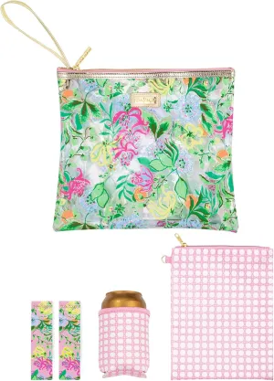 Lilly Pulitzer Water Resistant Vinyl Beach Day Pouch, Zipper Bag Includes Drink Hugger, Small Pouch, and Towel Clips