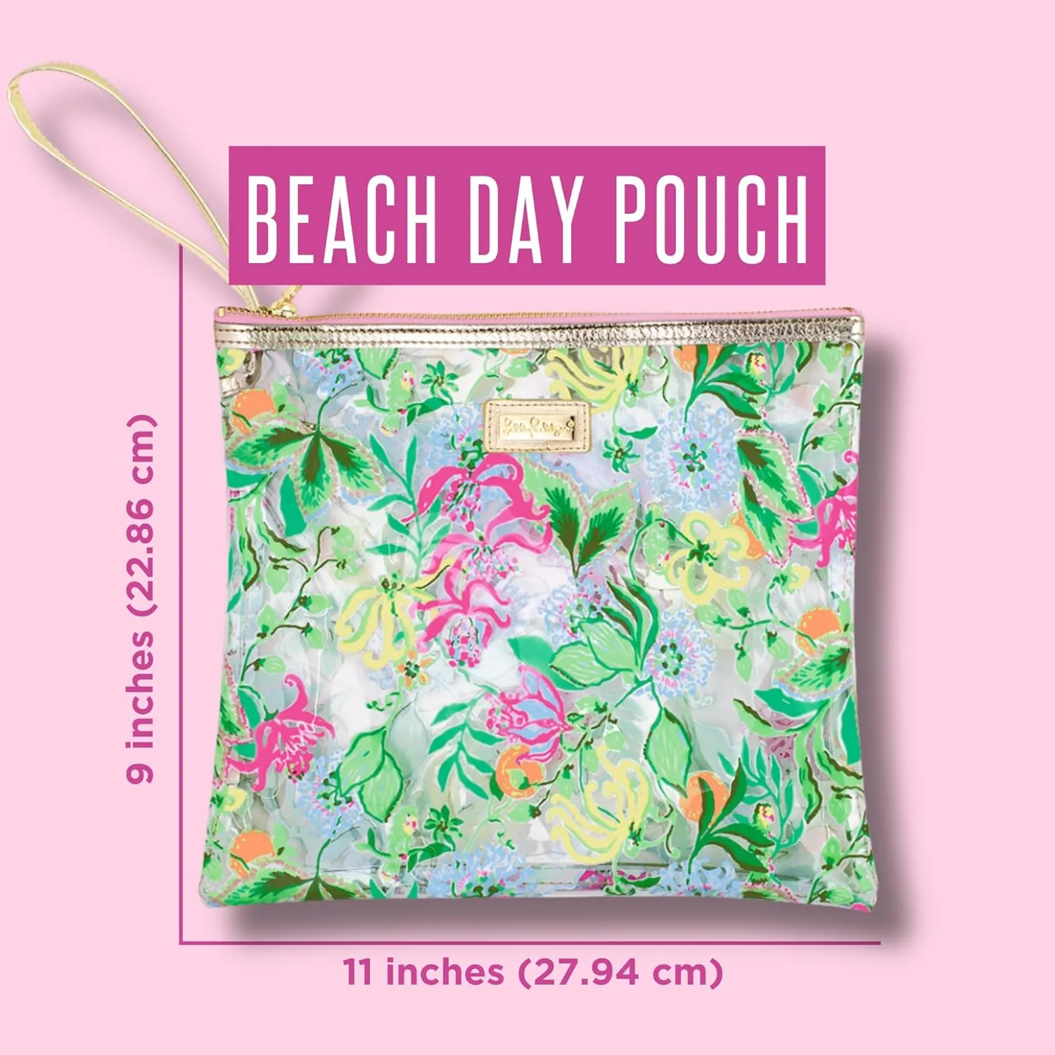 Lilly Pulitzer Water Resistant Vinyl Beach Day Pouch, Zipper Bag Includes Drink Hugger, Small Pouch, and Towel Clips