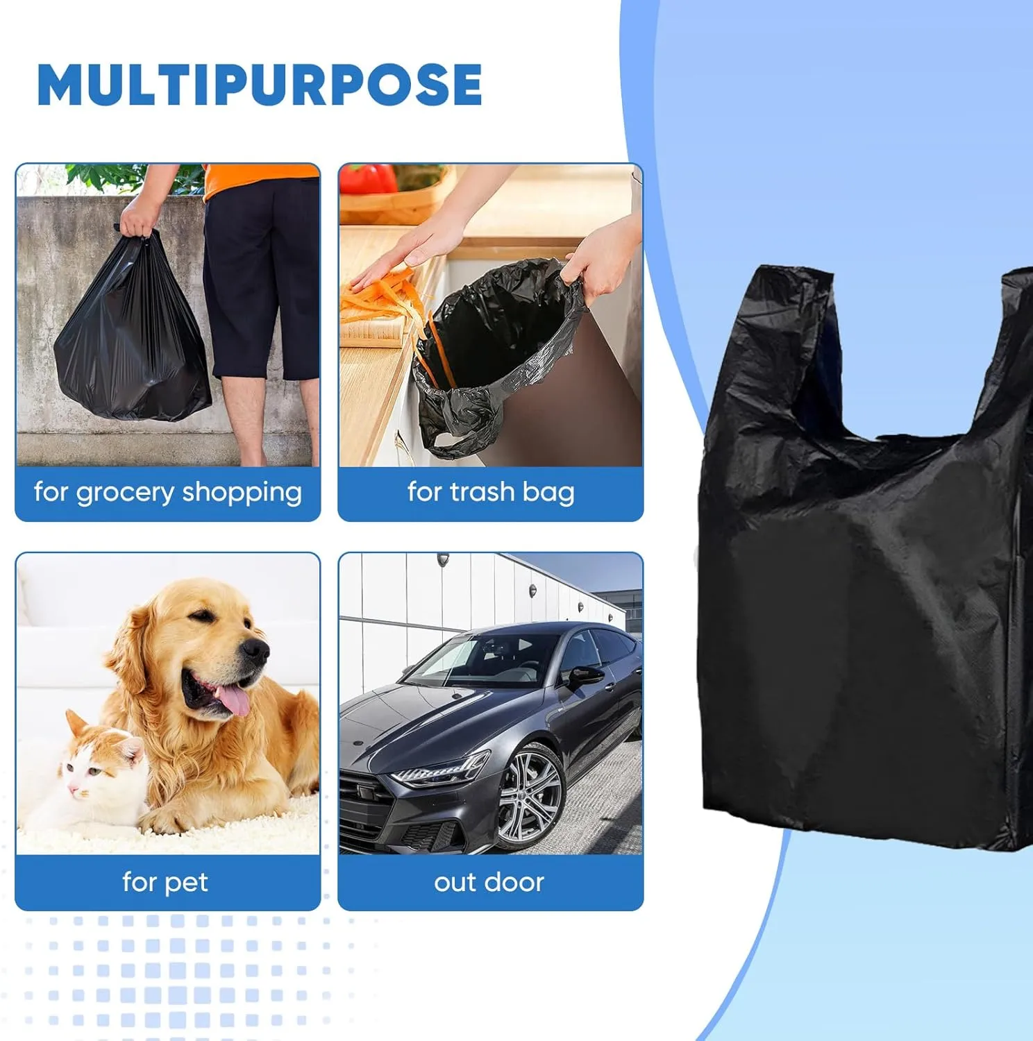 LimonLaviu Plastic Bags Black, (11.5'x 6.5" x 21')(300Pack) with Handles - Shopping & Grocery Bags for Small Business & Restaurants in Bulk