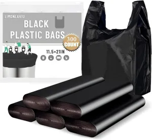 LimonLaviu Plastic Bags Black, (11.5'x 6.5" x 21')(300Pack) with Handles - Shopping & Grocery Bags for Small Business & Restaurants in Bulk