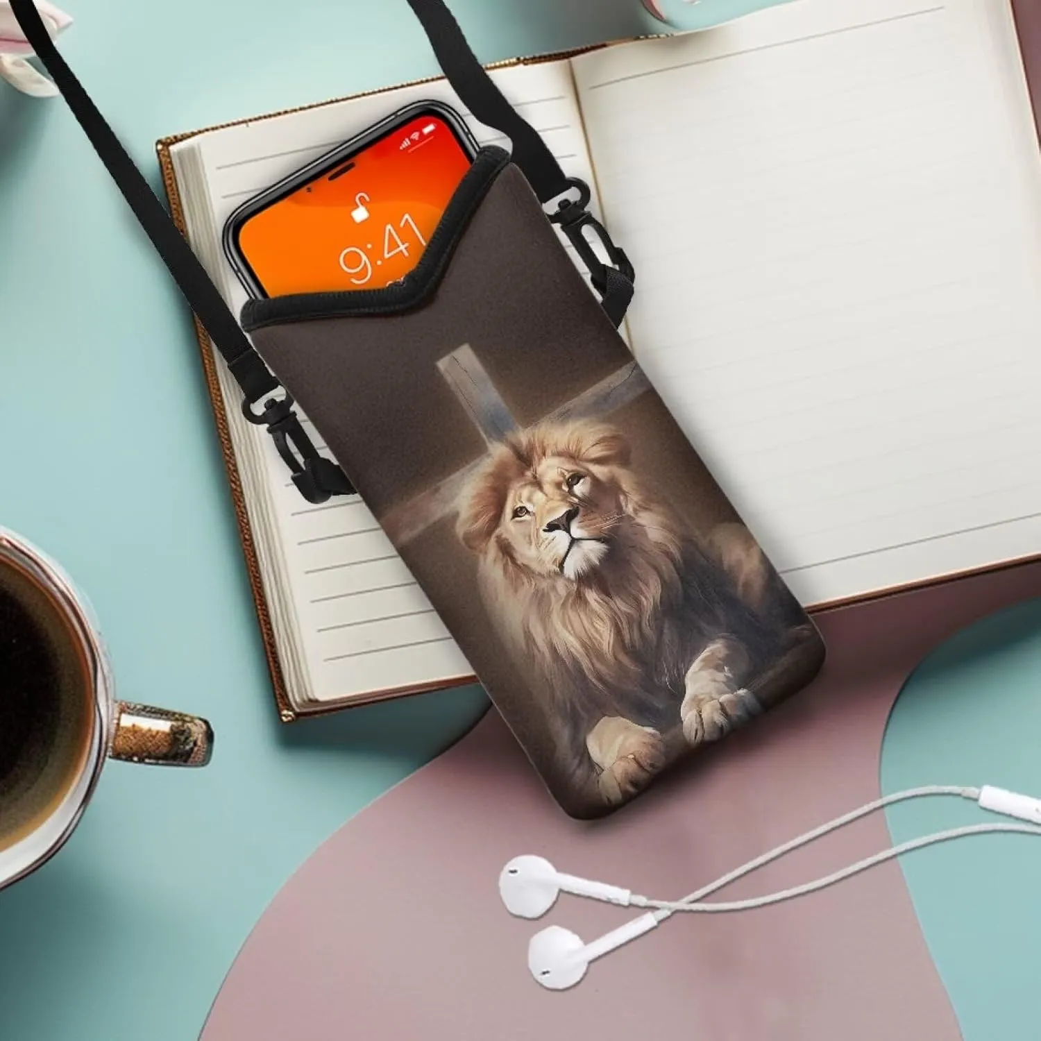 Lion Crucifix Print Dating Soft Phone Pouch Mini Shoulder Fashion Phone Bag for Women Men with Loop Fastener Lightweight Small Cell Phone Purse