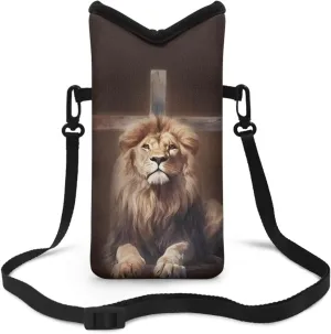 Lion Crucifix Print Dating Soft Phone Pouch Mini Shoulder Fashion Phone Bag for Women Men with Loop Fastener Lightweight Small Cell Phone Purse