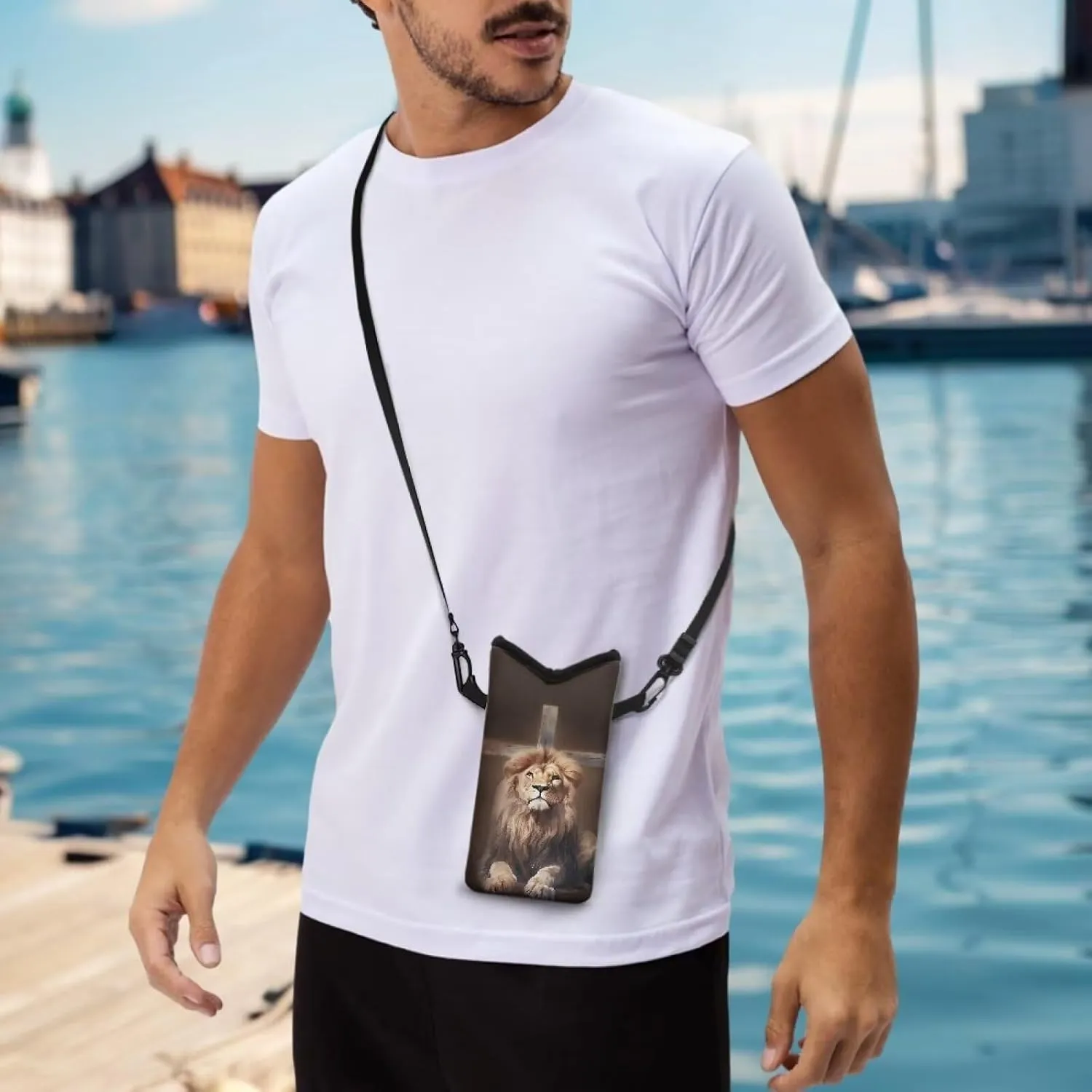 Lion Crucifix Print Dating Soft Phone Pouch Mini Shoulder Fashion Phone Bag for Women Men with Loop Fastener Lightweight Small Cell Phone Purse