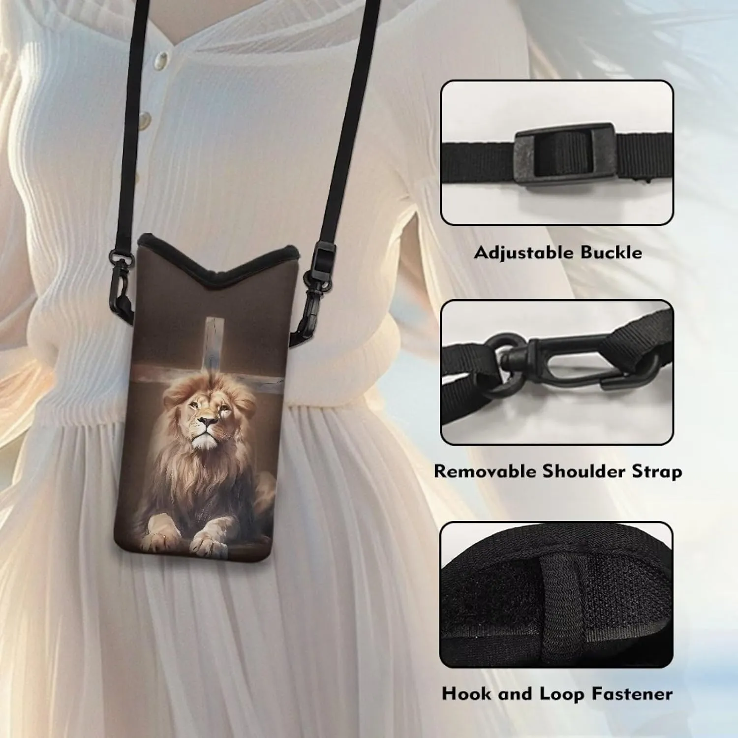 Lion Crucifix Print Dating Soft Phone Pouch Mini Shoulder Fashion Phone Bag for Women Men with Loop Fastener Lightweight Small Cell Phone Purse