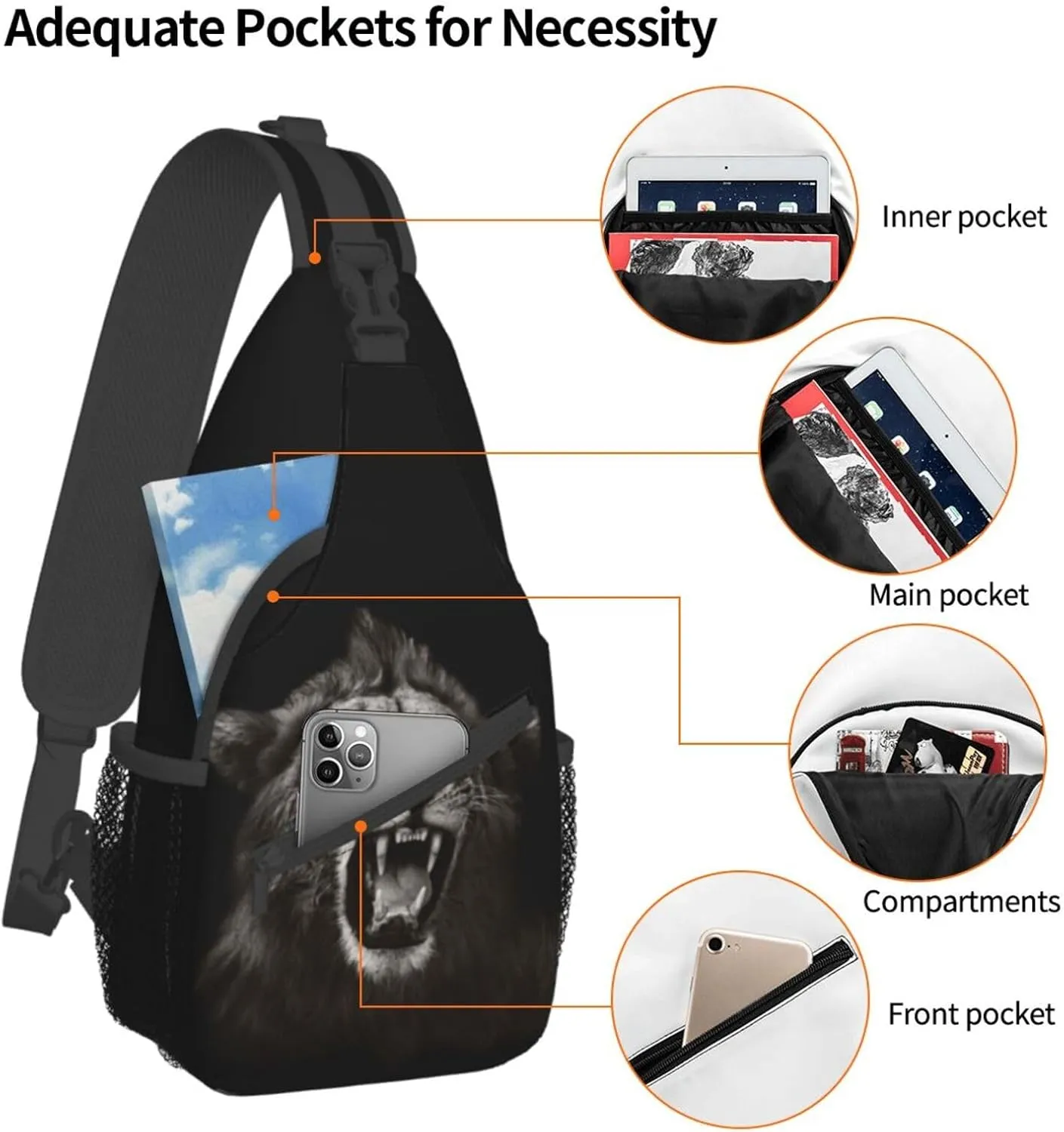 Lion Shoulder Bag Mens Sling Backpack Daypack Casual Backpack Hiking Bag Cool Backpack Bag