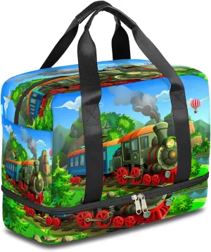 Locomotive Train Sports Gym Bag with Shoes Compartment,Watercolor Tree Travel Duffel Bag for Men Women Boys Girls Teens Overnight Weekend Yoga Workout Bag Training Handbag