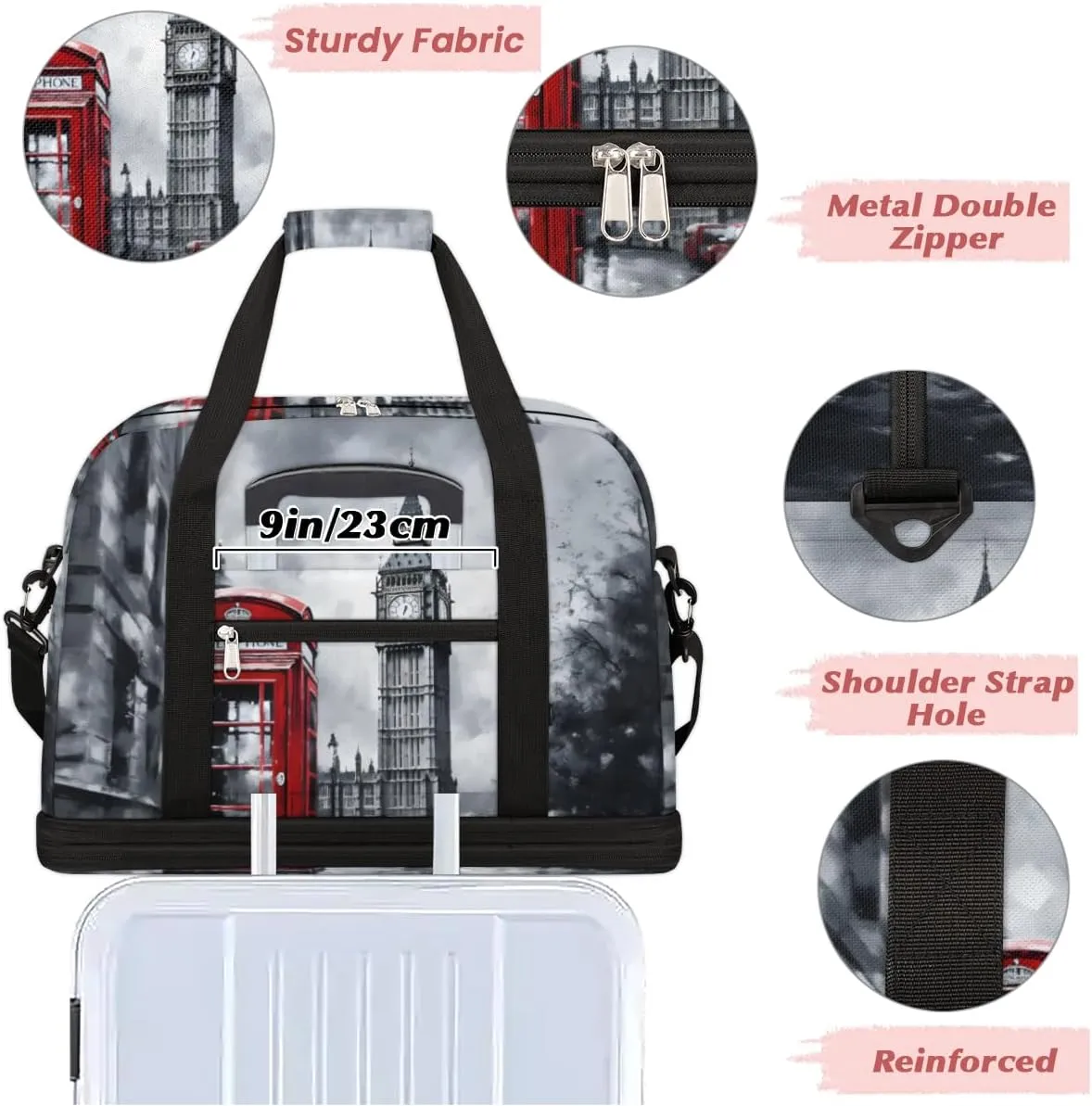 London City Foldable Duffle Bag with Shoes Compartment Large Capacity Waterproof Travel Weekender Bag Overnight Bag for Sports Gym