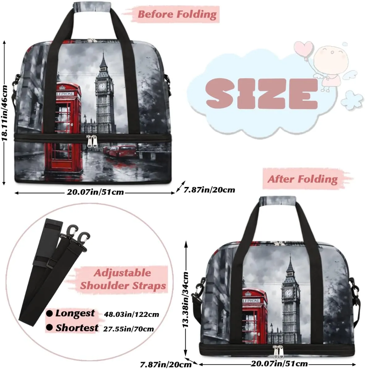 London City Foldable Duffle Bag with Shoes Compartment Large Capacity Waterproof Travel Weekender Bag Overnight Bag for Sports Gym