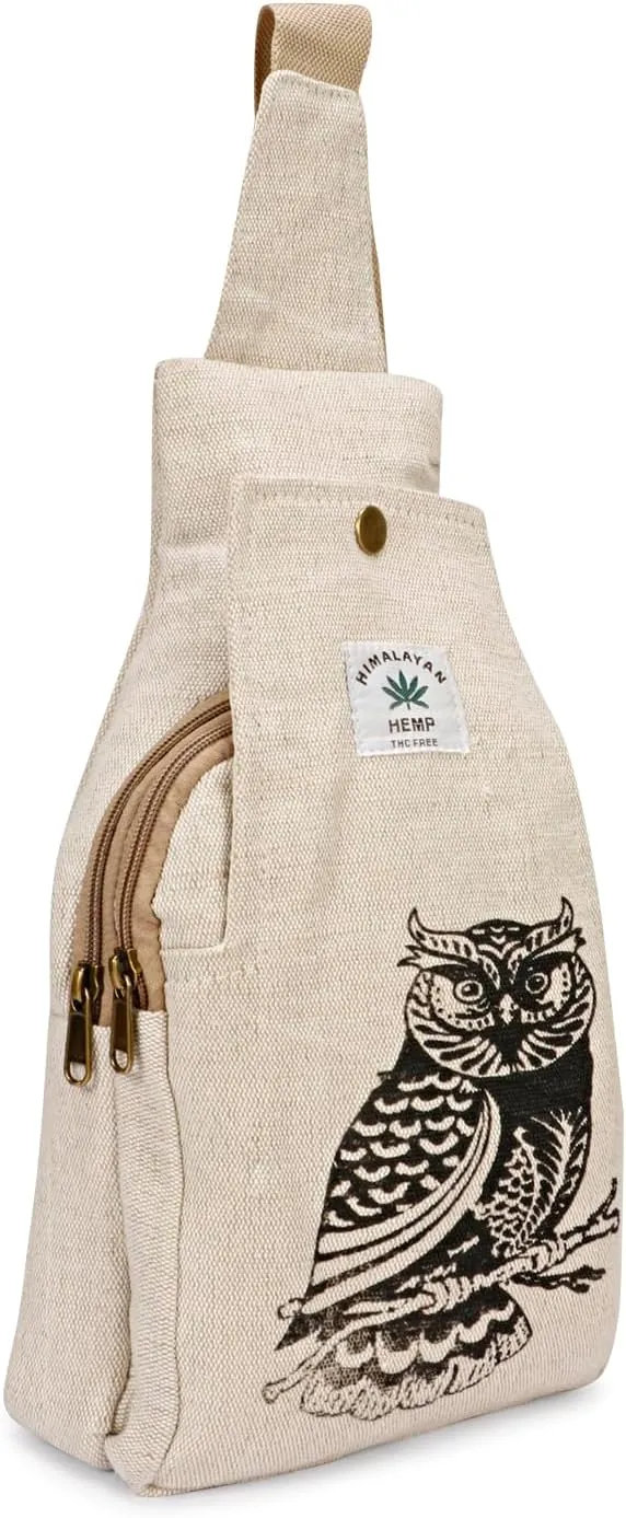 LONGING TO BUY Hemp Sling Backpack- Hemp Cross body Bag- Hemp Shoulder Backpack Adjustable Strap for Men & Women (Designed-Owl)