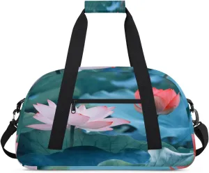 Lotus Flower Gym Duffel Bag for Men Women Lotus Leaf Sports Tote Bag with Adjustable Shoulder Strap for Dance Gymnastics Traveling Outdoor Camping Overnight Stay