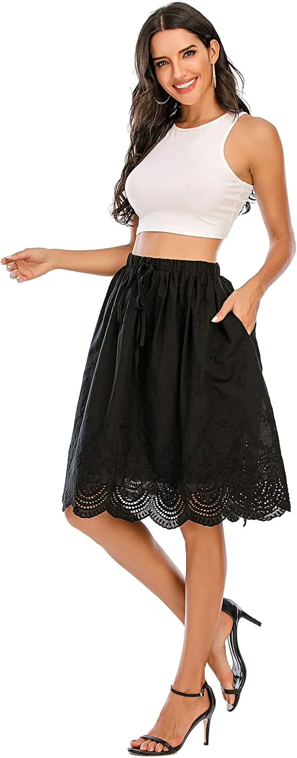 Love Welove Fashion Women's Summer Cotton A-line Flared Embroidered Knee Length with Lining Knee Length Skirt