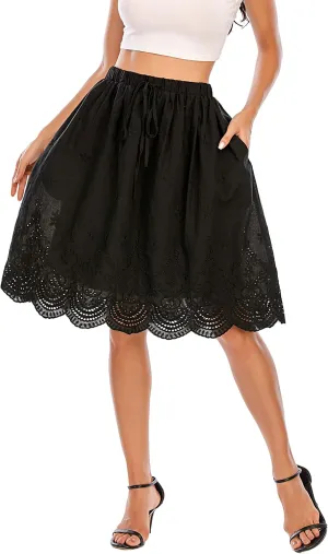 Love Welove Fashion Women's Summer Cotton A-line Flared Embroidered Knee Length with Lining Knee Length Skirt
