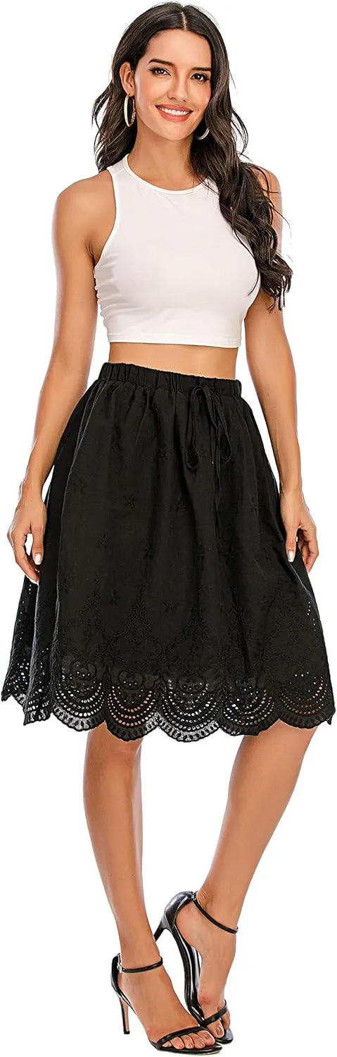 Love Welove Fashion Women's Summer Cotton A-line Flared Embroidered Knee Length with Lining Knee Length Skirt