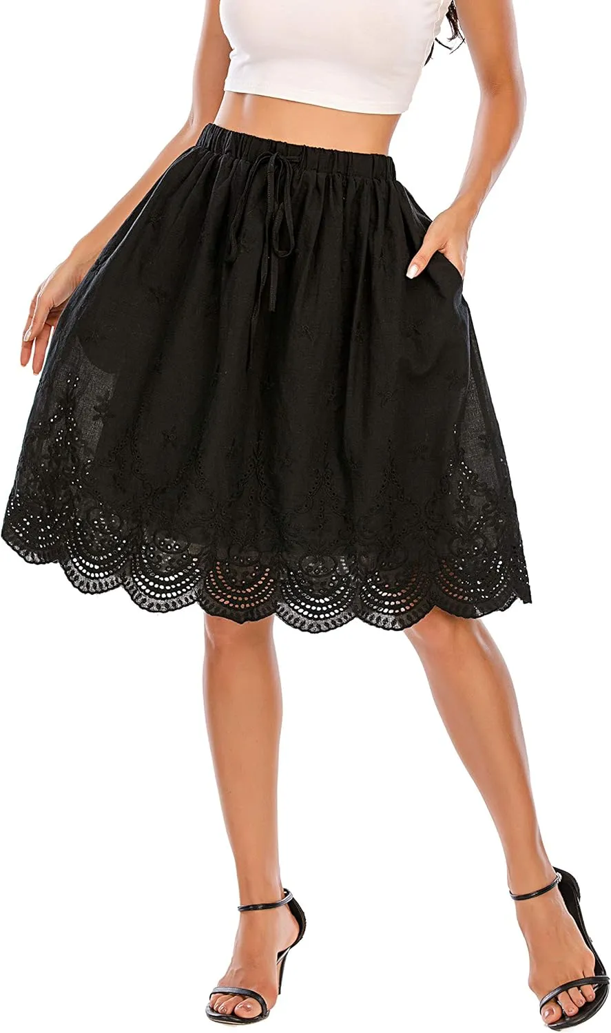 Love Welove Fashion Women's Summer Cotton A-line Flared Embroidered Knee Length with Lining Knee Length Skirt