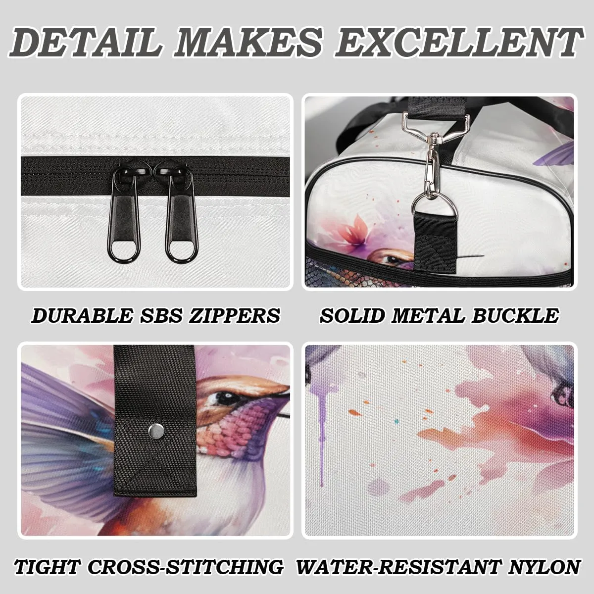 Lovely Hummingbird Travel Duffle Bag for Women Men Foldable Waterproof Weekender Bag Carry on Tote for Overnight Sports Gym Colorful Bird with Flowers