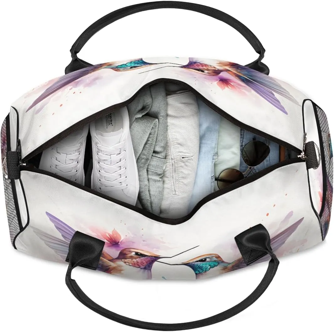 Lovely Hummingbird Travel Duffle Bag for Women Men Foldable Waterproof Weekender Bag Carry on Tote for Overnight Sports Gym Colorful Bird with Flowers