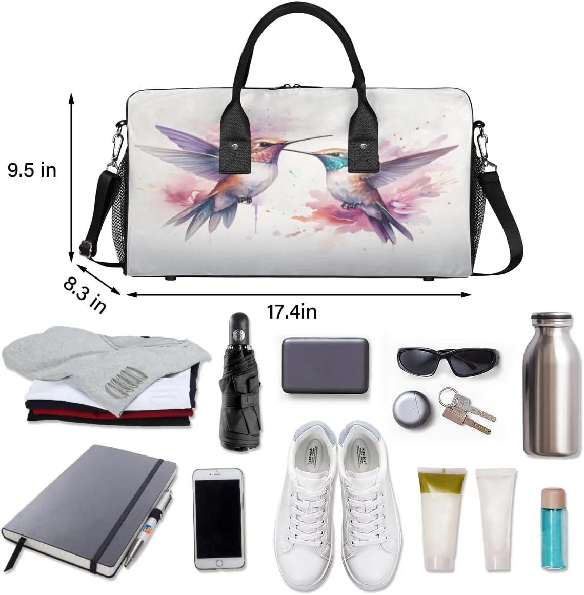 Lovely Hummingbird Travel Duffle Bag for Women Men Foldable Waterproof Weekender Bag Carry on Tote for Overnight Sports Gym Colorful Bird with Flowers